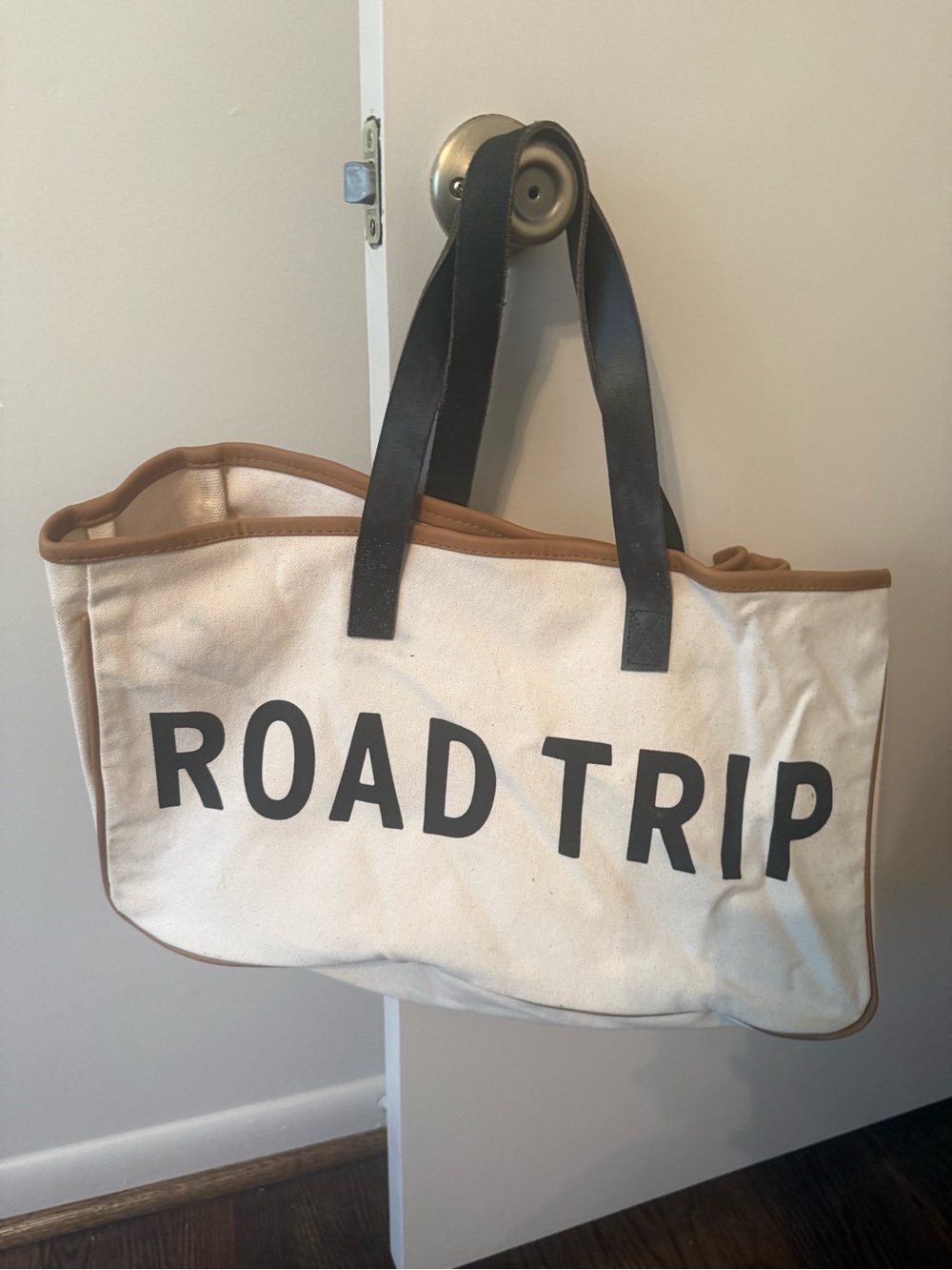 Road Trip Canvas Travel Tote Bag in Cream with Leather Handles